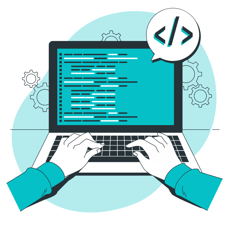 Animación de experto desarrollando software en una computadora